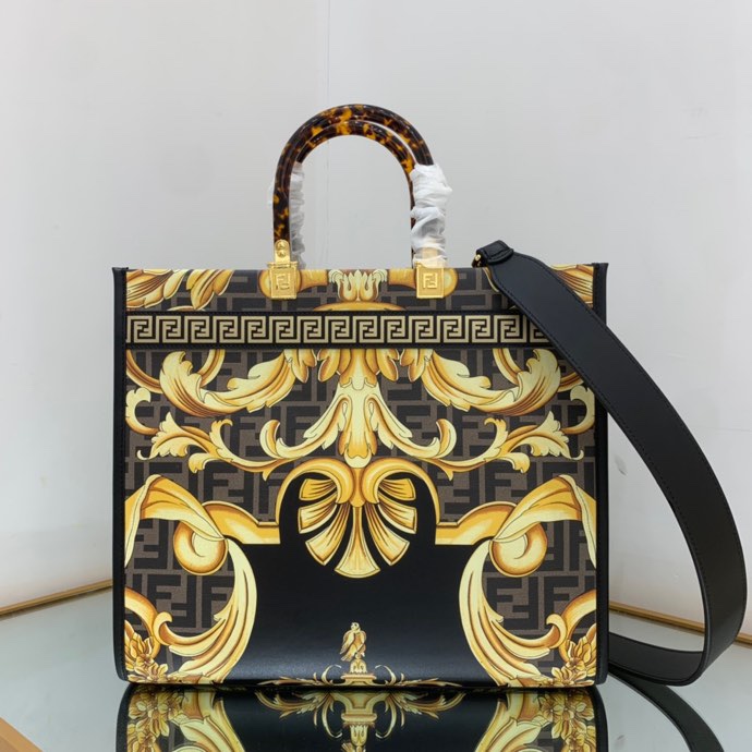 Versace x Fendi Sunshine Medium Fendace Printed White Leather Shopper(35-31-17cm) - FashionPlug
