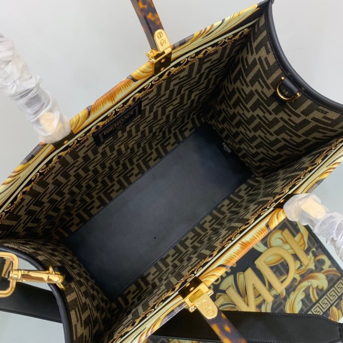 Versace x Fendi Sunshine Medium Fendace Printed White Leather Shopper(35-31-17cm) - FashionPlug