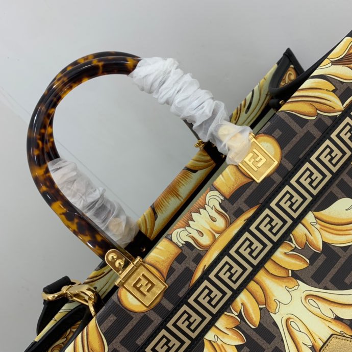 Versace x Fendi Sunshine Medium Fendace Printed White Leather Shopper(35-31-17cm) - FashionPlug