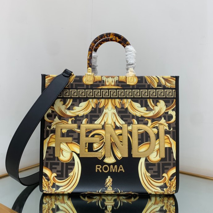 Versace x Fendi Sunshine Medium Fendace Printed White Leather Shopper(35-31-17cm) - FashionPlug