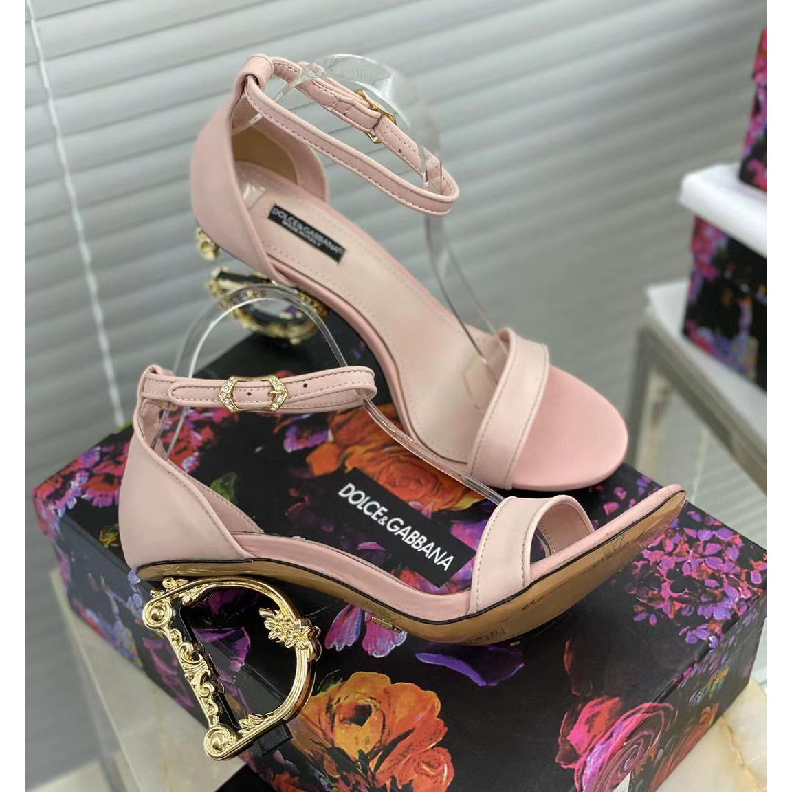 Dolce & Gabbana Nappa Leather Sandals With Baroque DG Heel - FashionPlug