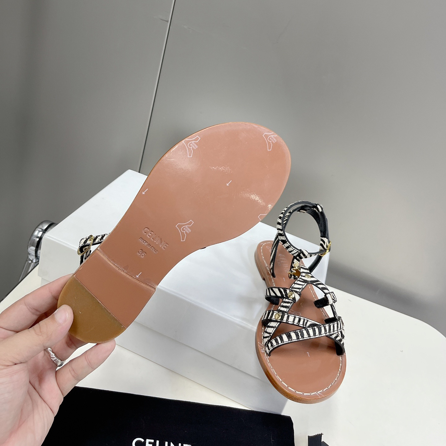 Celine Taillat Triomphe Sandal In Zebra Printed Hairy Calfskin Black/White - FashionPlug