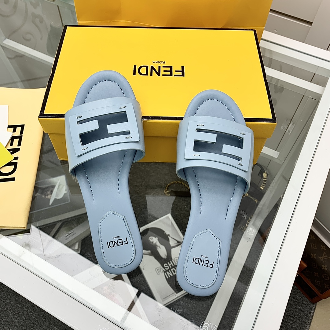 Fendi Signature Light Blue Leather Slides - FashionPlug