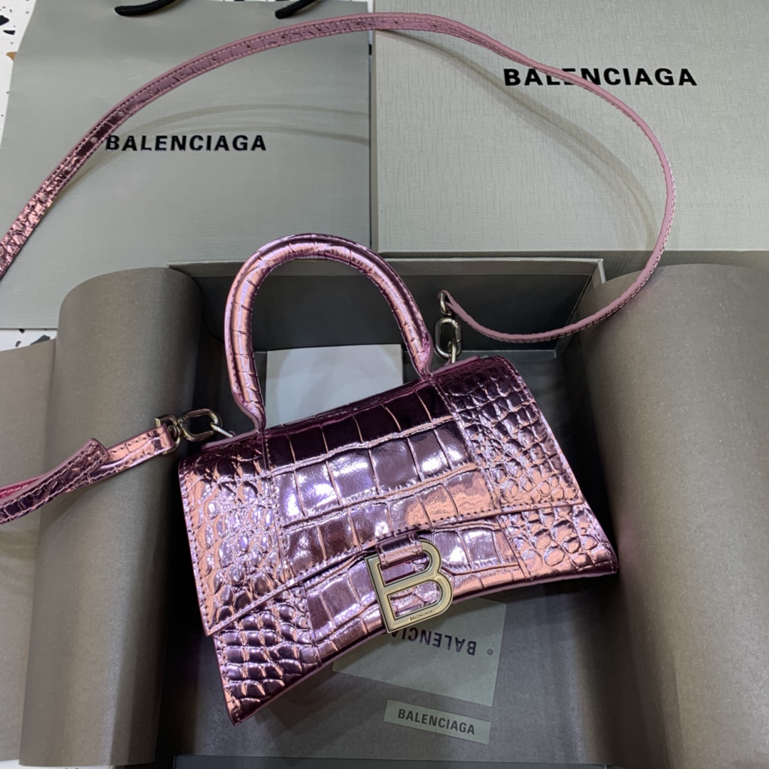 Balenciaga Hourglass Handbag In Pink Metallized Crocodile Embossed (23-10-14CM) - FashionPlug