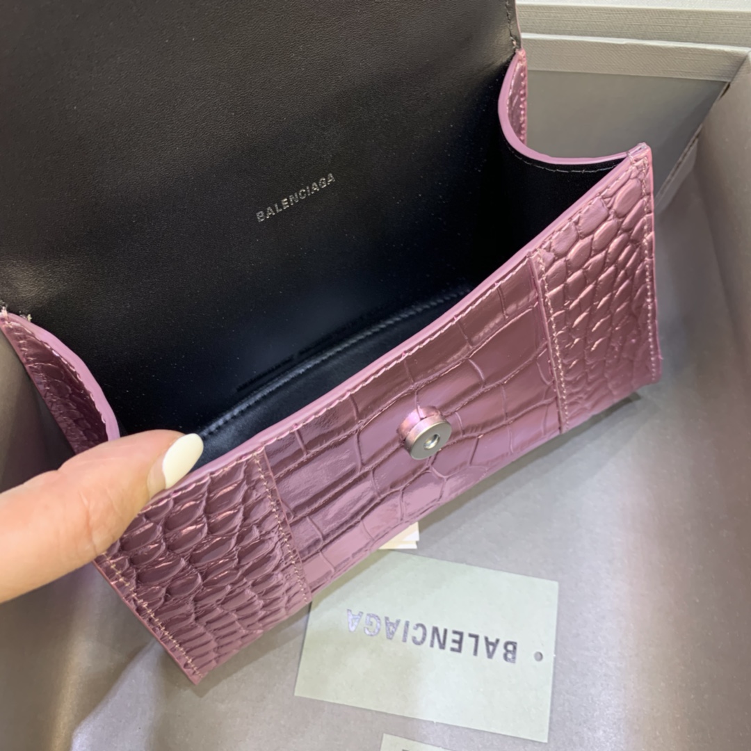 Balenciaga Hourglass Handbag In Pink Metallized Crocodile Embossed (23-10-14CM) - FashionPlug