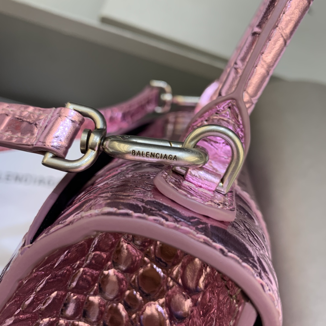 Balenciaga Hourglass Handbag In Pink Metallized Crocodile Embossed (23-10-14CM) - FashionPlug