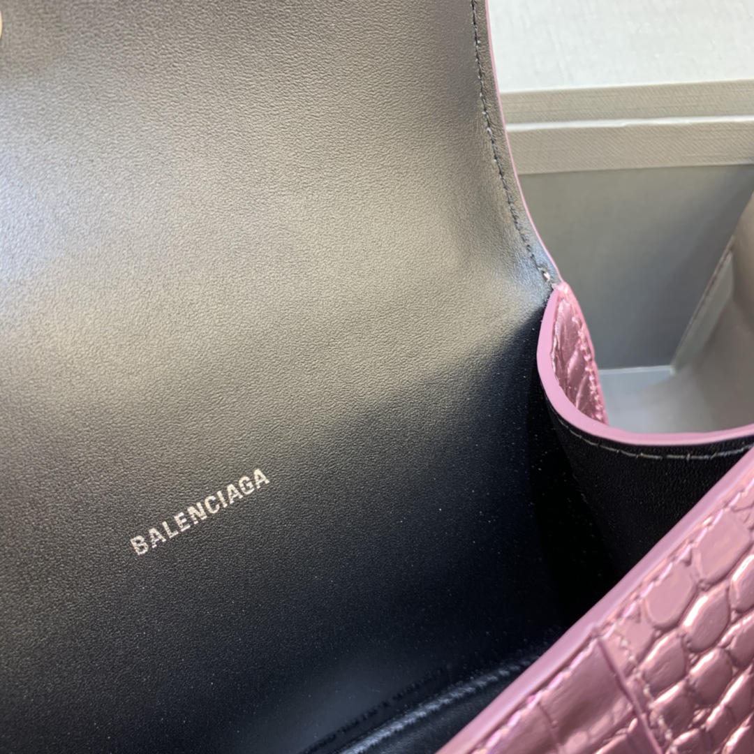 Balenciaga Hourglass Handbag In Pink Metallized Crocodile Embossed (23-10-14CM) - FashionPlug