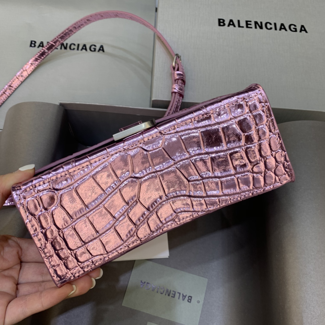 Balenciaga Hourglass Handbag In Pink Metallized Crocodile Embossed (23-10-14CM) - FashionPlug