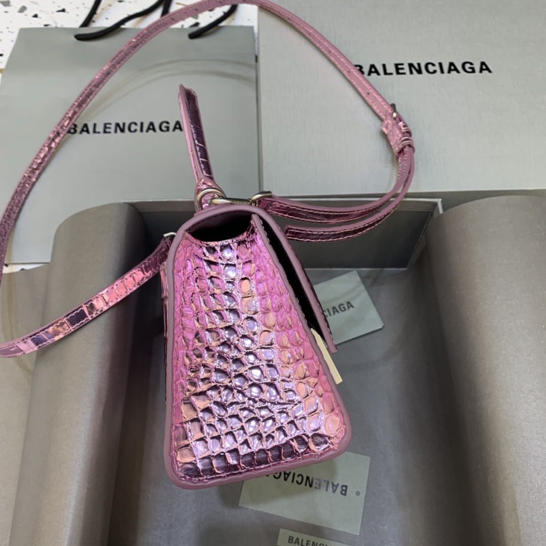 Balenciaga Hourglass Handbag In Pink Metallized Crocodile Embossed (23-10-14CM) - FashionPlug