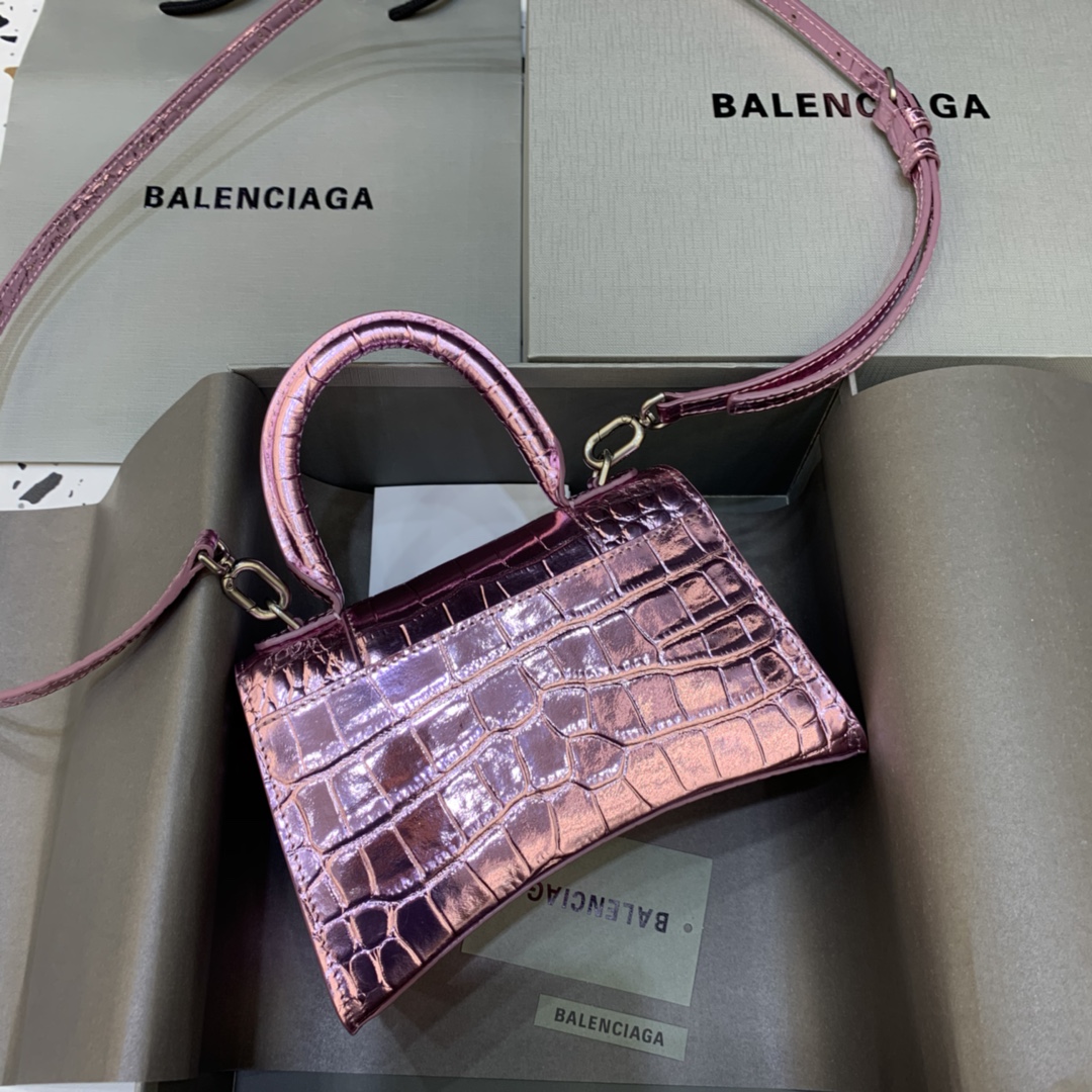 Balenciaga Hourglass Handbag In Pink Metallized Crocodile Embossed (23-10-14CM) - FashionPlug