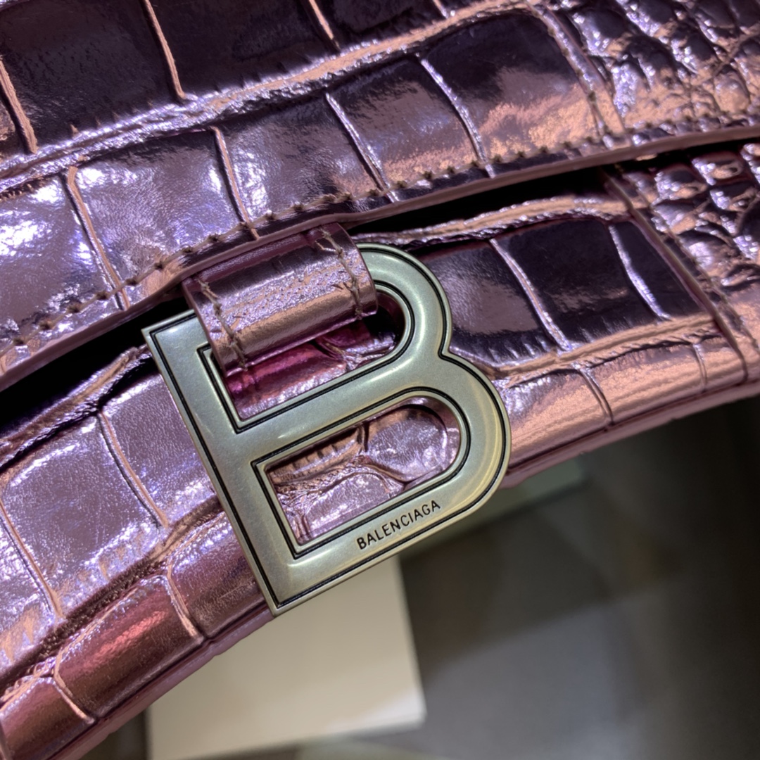 Balenciaga Hourglass Handbag In Pink Metallized Crocodile Embossed (23-10-14CM) - FashionPlug