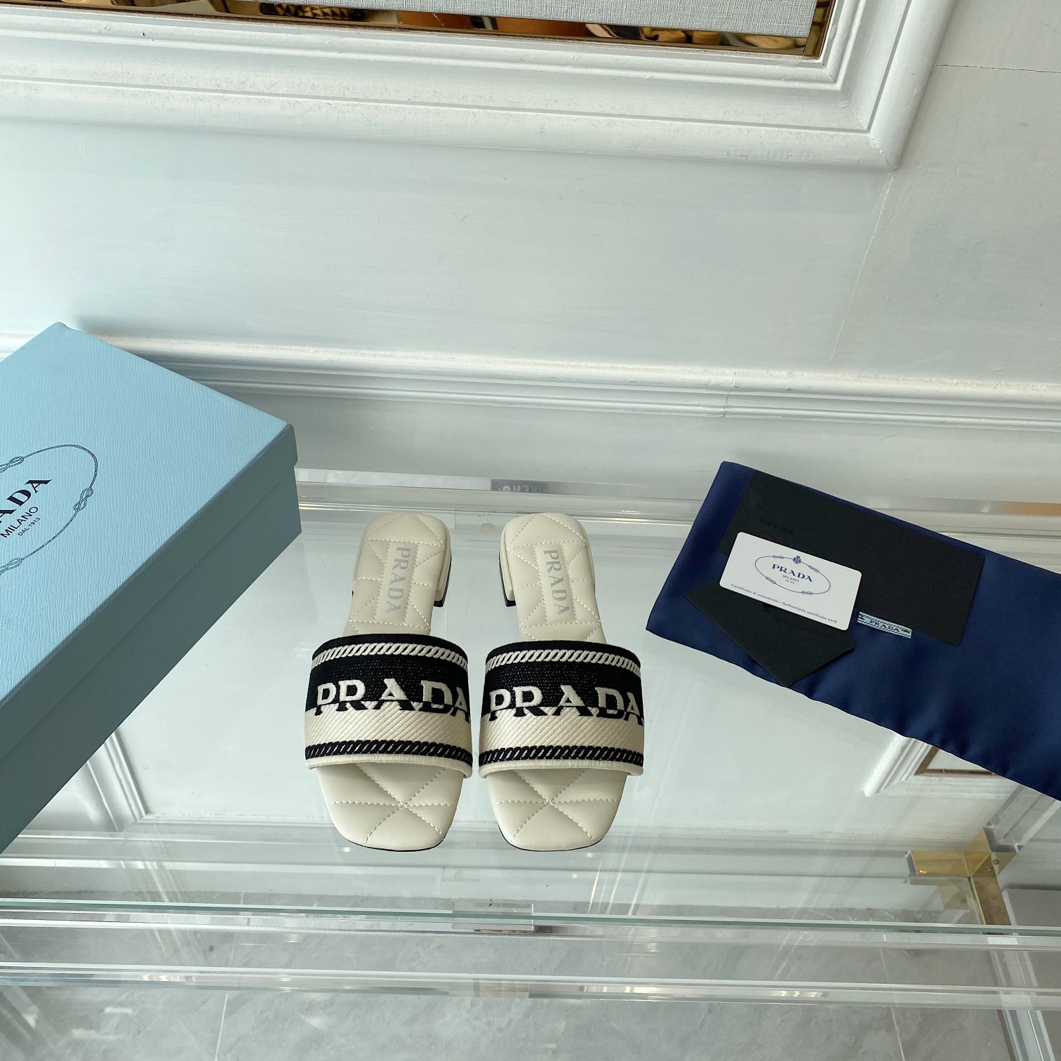 Prada Embroidered Fabric Slides - FashionPlug