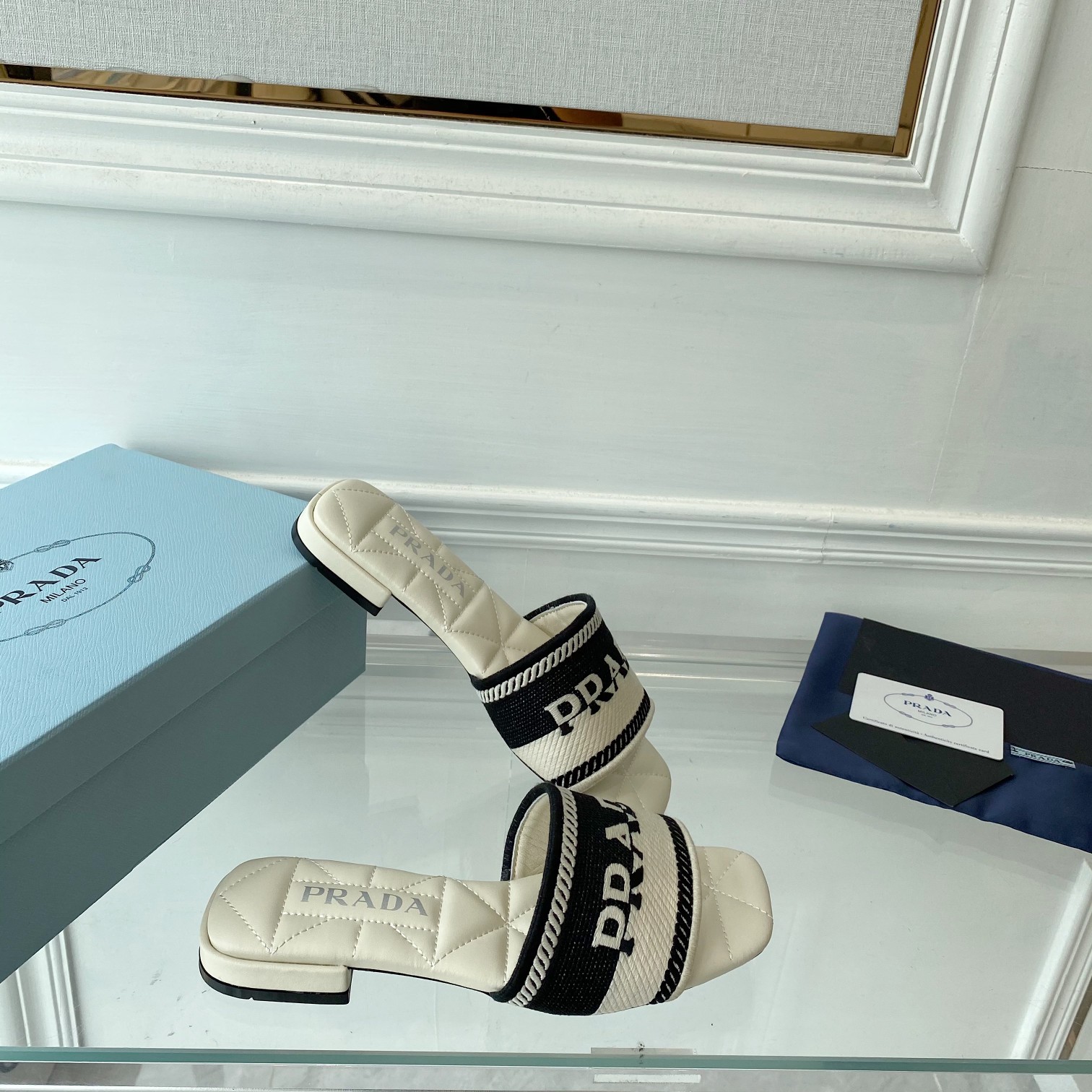 Prada Embroidered Fabric Slides - FashionPlug