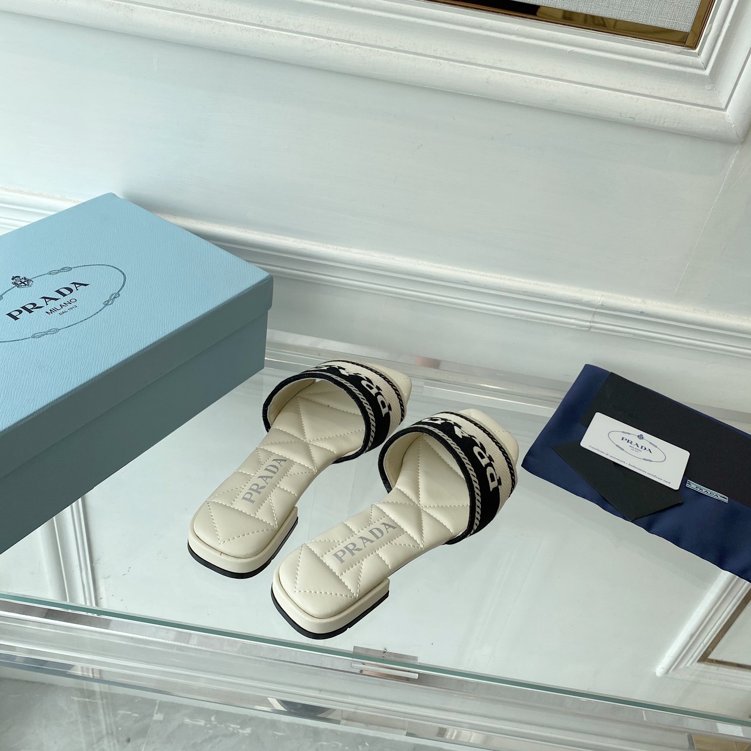 Prada Embroidered Fabric Slides - FashionPlug