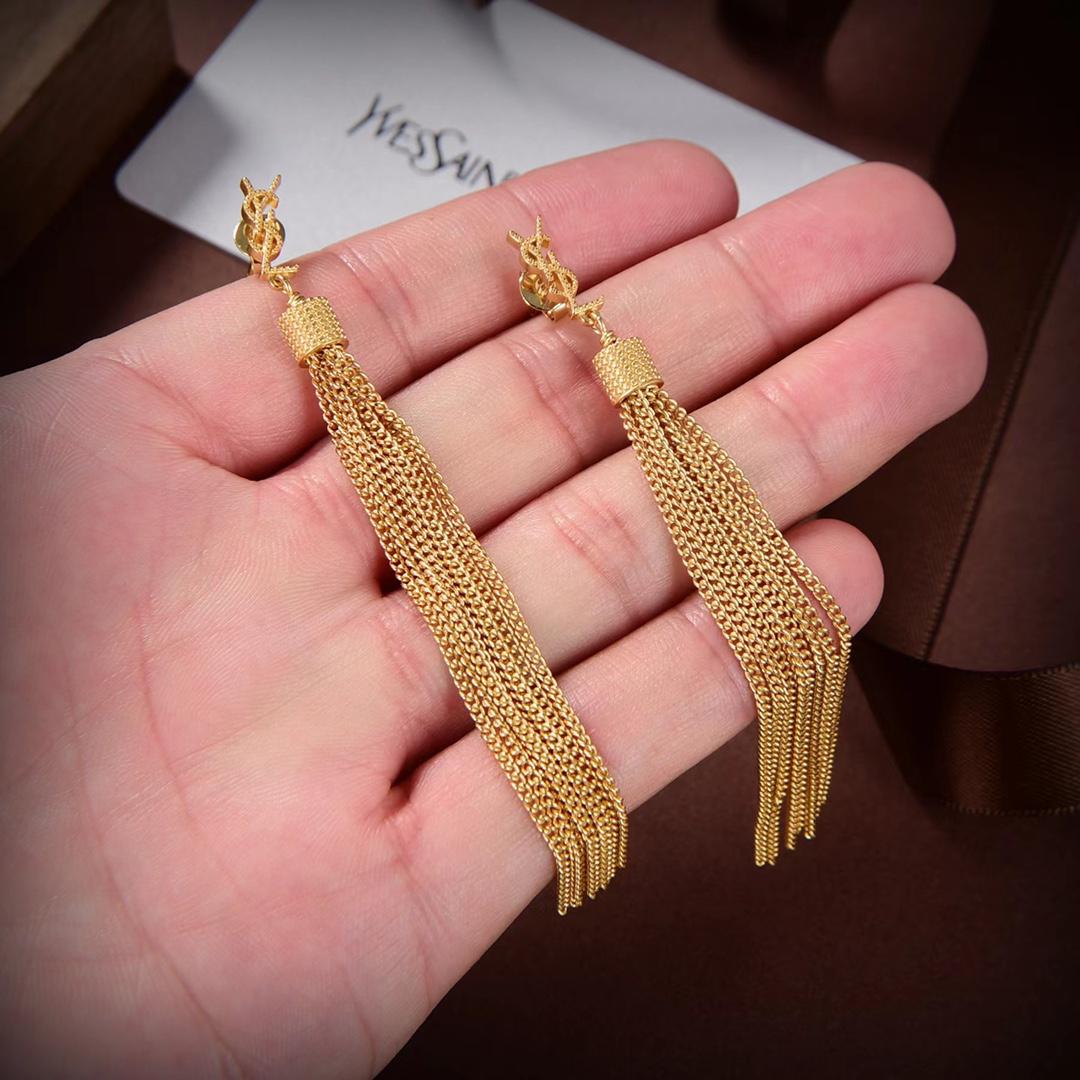 Saint Laurent Loulou Earrings With Chain Tassels In Light Gold-Colored Brass - FashionPlug