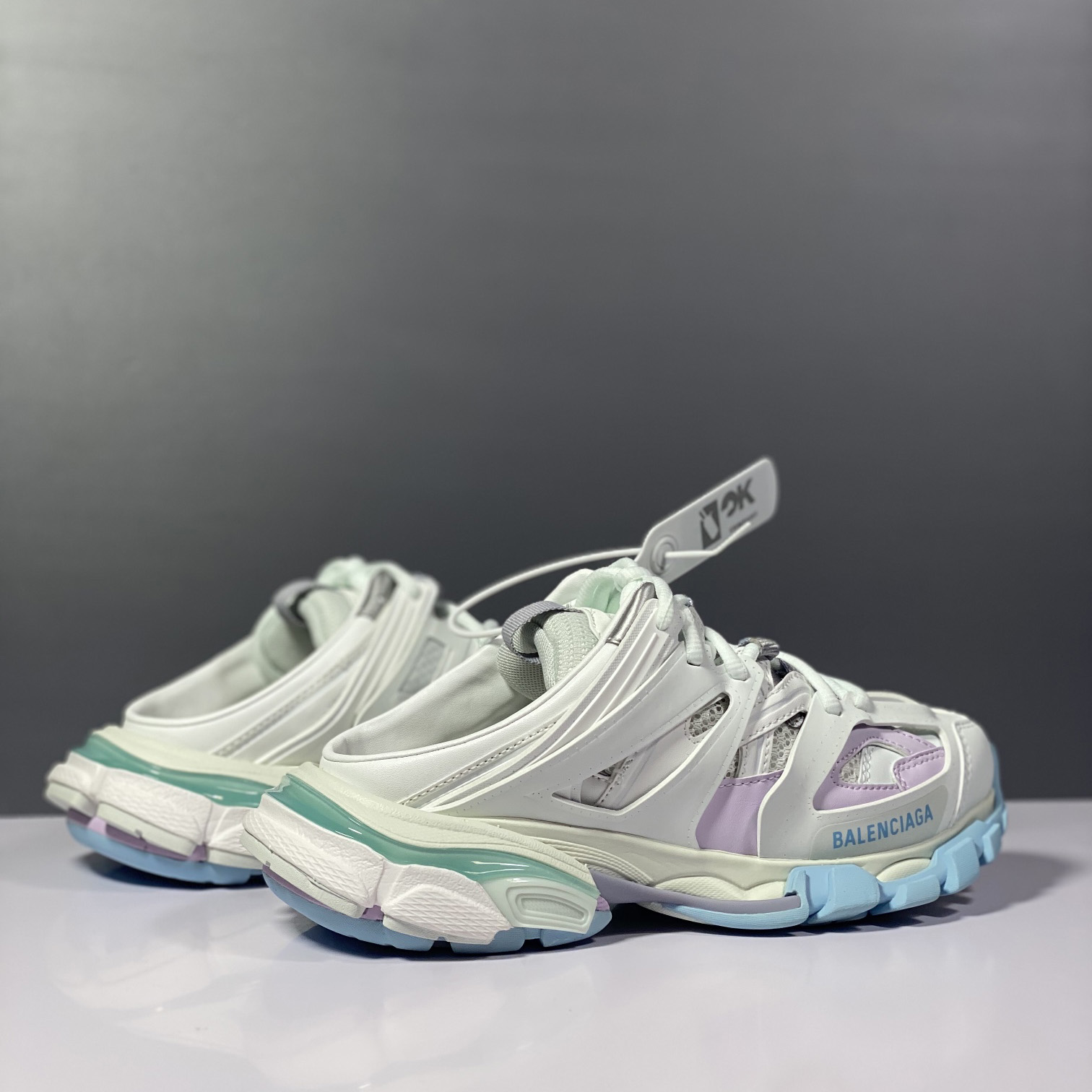Balenciaga Track Mule In White, Light Blue And Light Pink Mesh And Nylon - FashionPlug