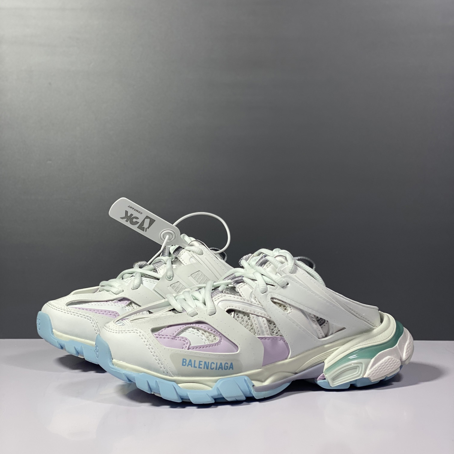 Balenciaga Track Mule In White, Light Blue And Light Pink Mesh And Nylon - FashionPlug