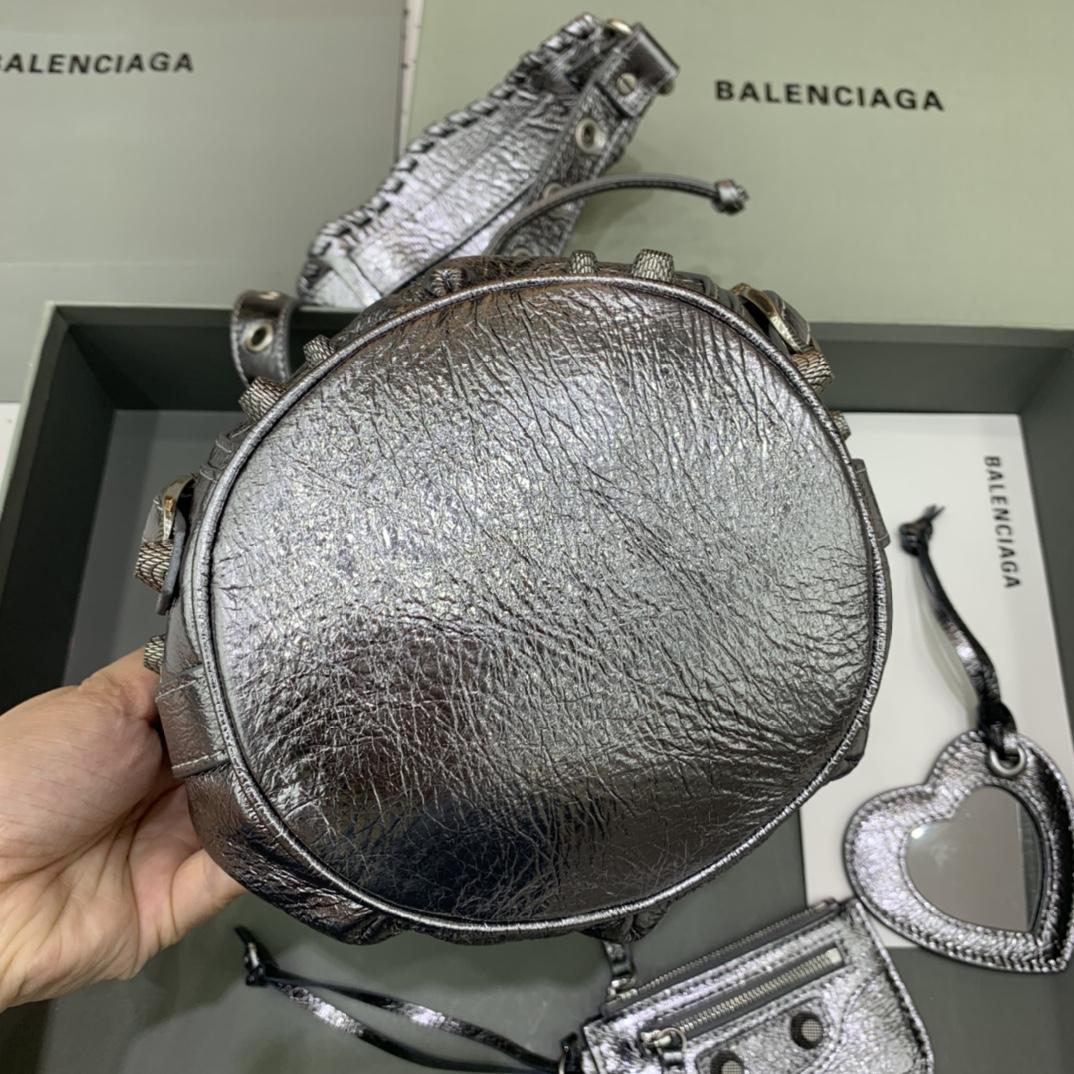 Balenciaga Le Cagole XS Bucket Bag In Silver Metallized Arena Lambskin, Aged-Silver Hardware With White Rhinestones(15-19.8-17.8cm) - FashionPlug