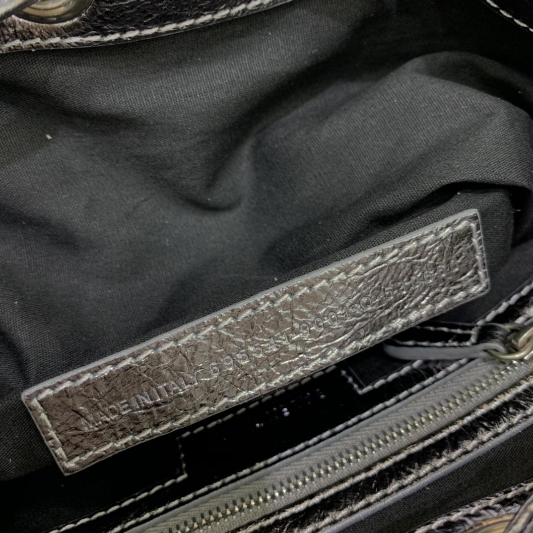 Balenciaga Le Cagole XS Bucket Bag In Silver Metallized Arena Lambskin, Aged-Silver Hardware With White Rhinestones(15-19.8-17.8cm) - FashionPlug