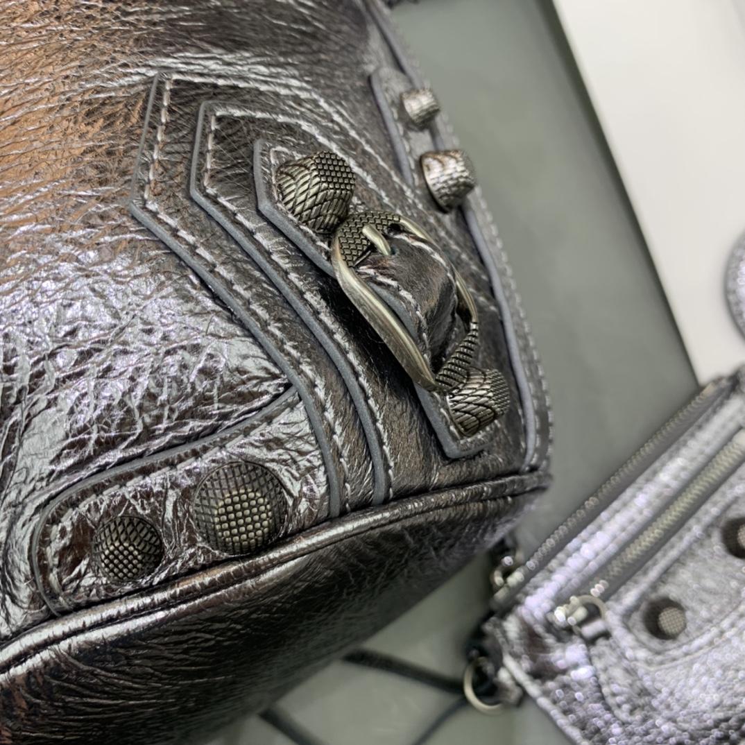 Balenciaga Le Cagole XS Bucket Bag In Silver Metallized Arena Lambskin, Aged-Silver Hardware With White Rhinestones(15-19.8-17.8cm) - FashionPlug