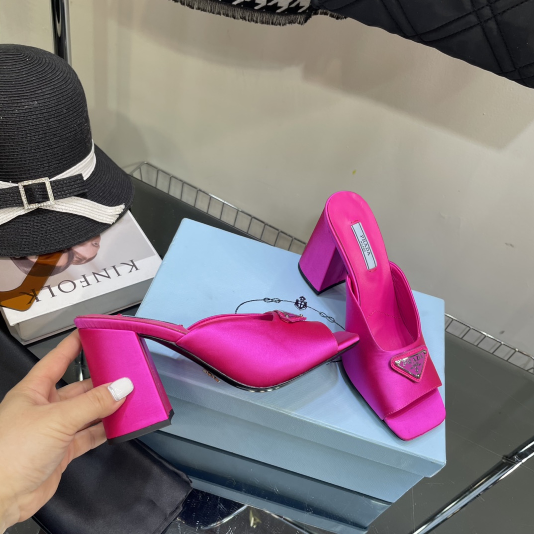 Prada High-Heeled Satin Slides - FashionPlug