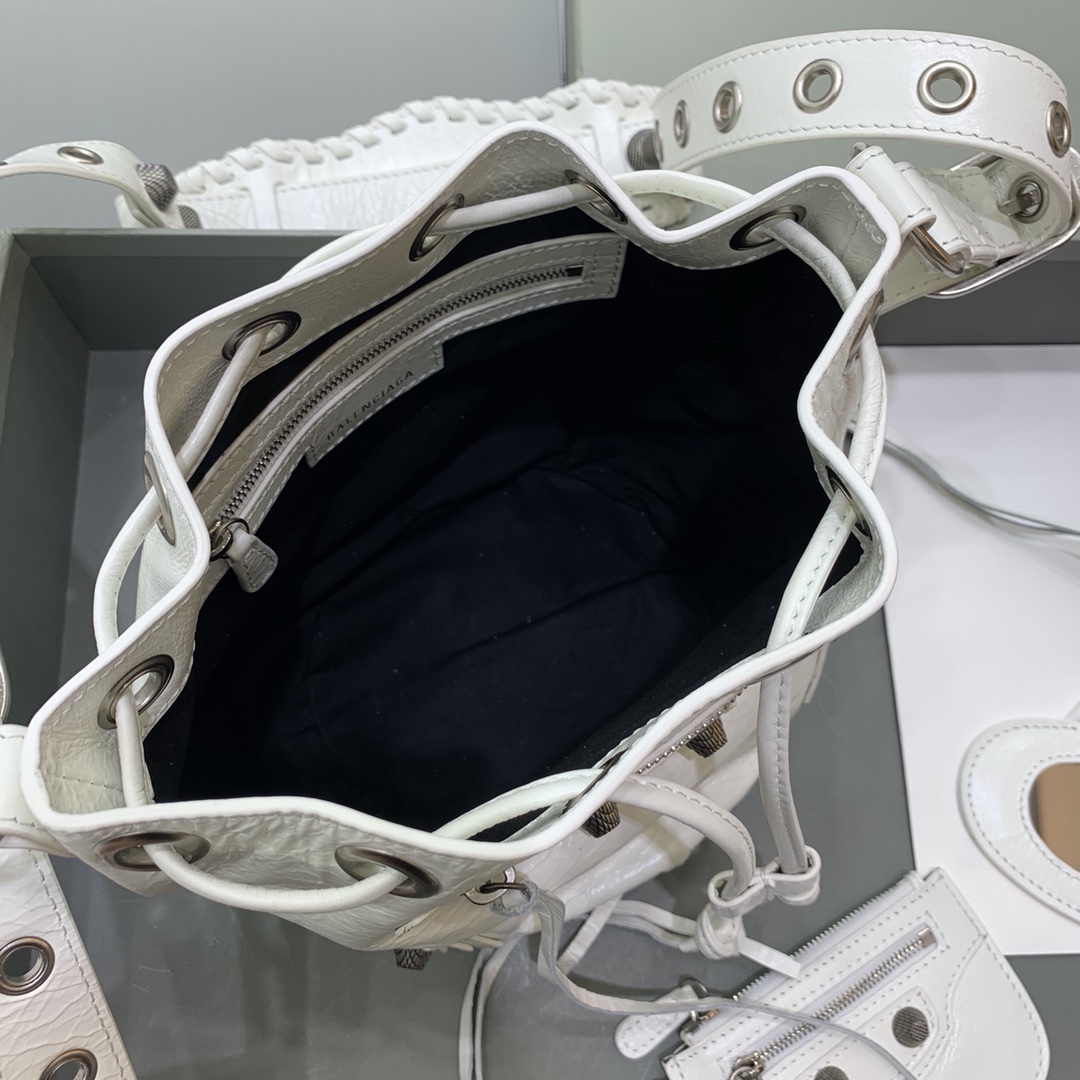 Balenciaga Le Cagole XS Bucket Bag In White Arena Lambskin, Aged-Silver Hardware(15-19.8-17.8cm) - FashionPlug