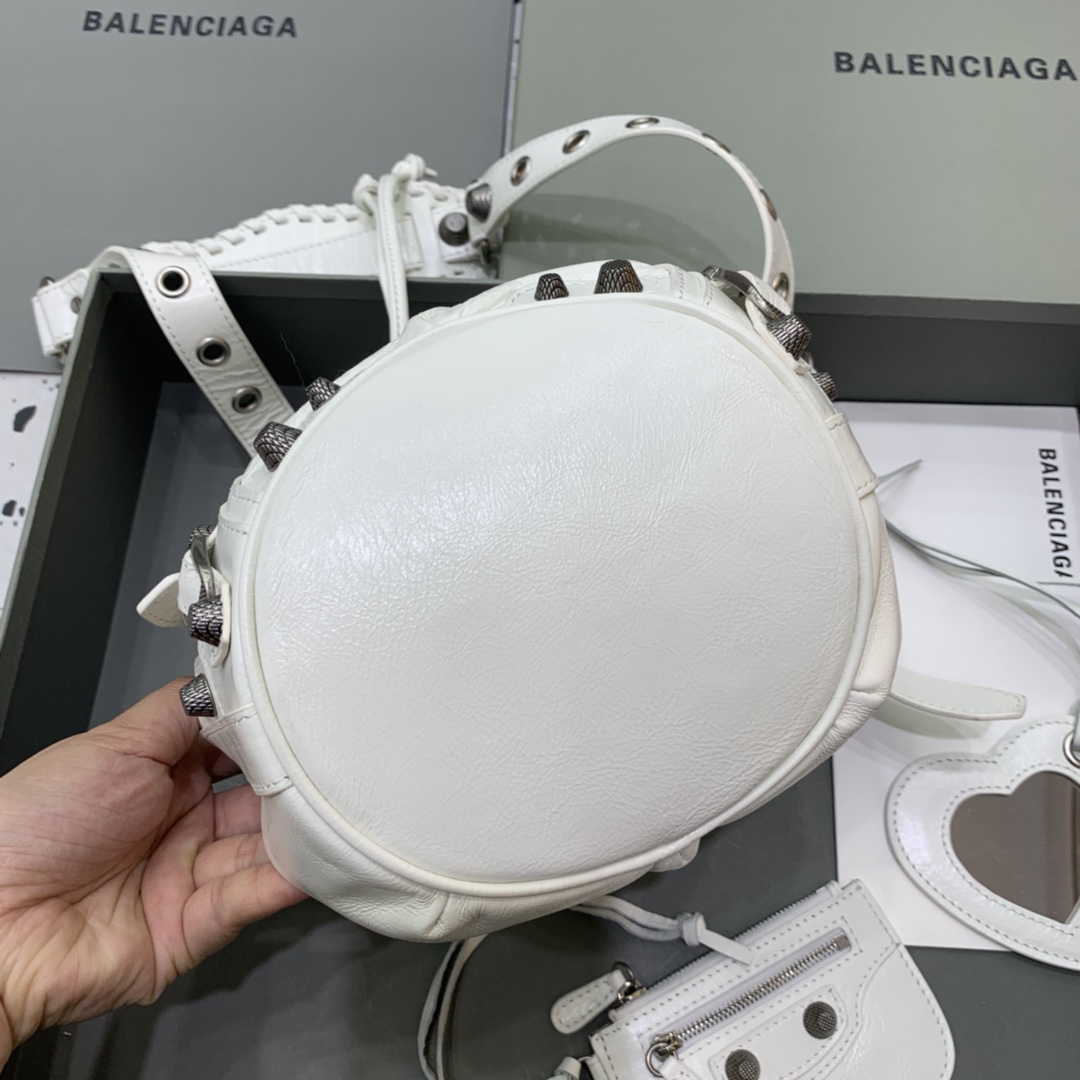 Balenciaga Le Cagole XS Bucket Bag In White Arena Lambskin, Aged-Silver Hardware(15-19.8-17.8cm) - FashionPlug