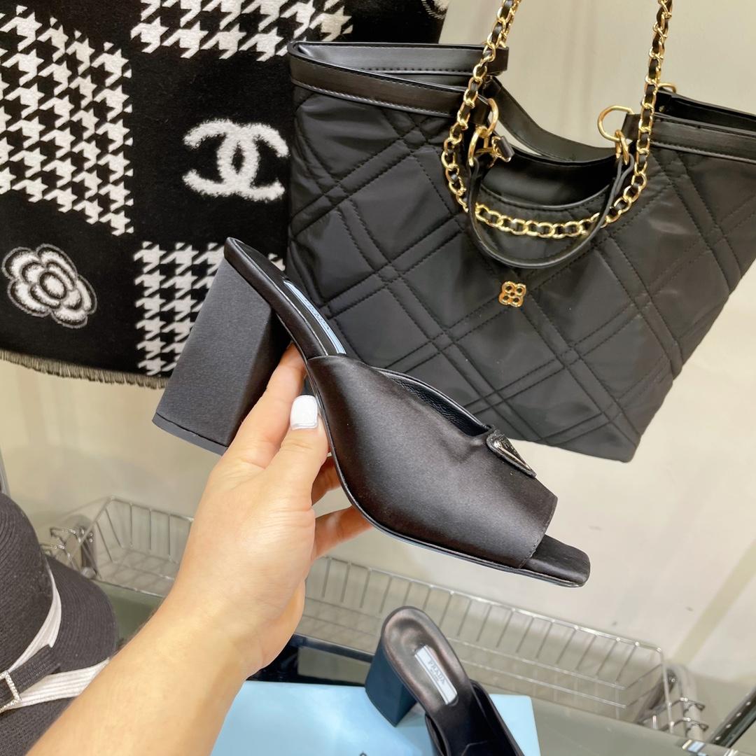 Prada High-Heeled Satin Slides - FashionPlug