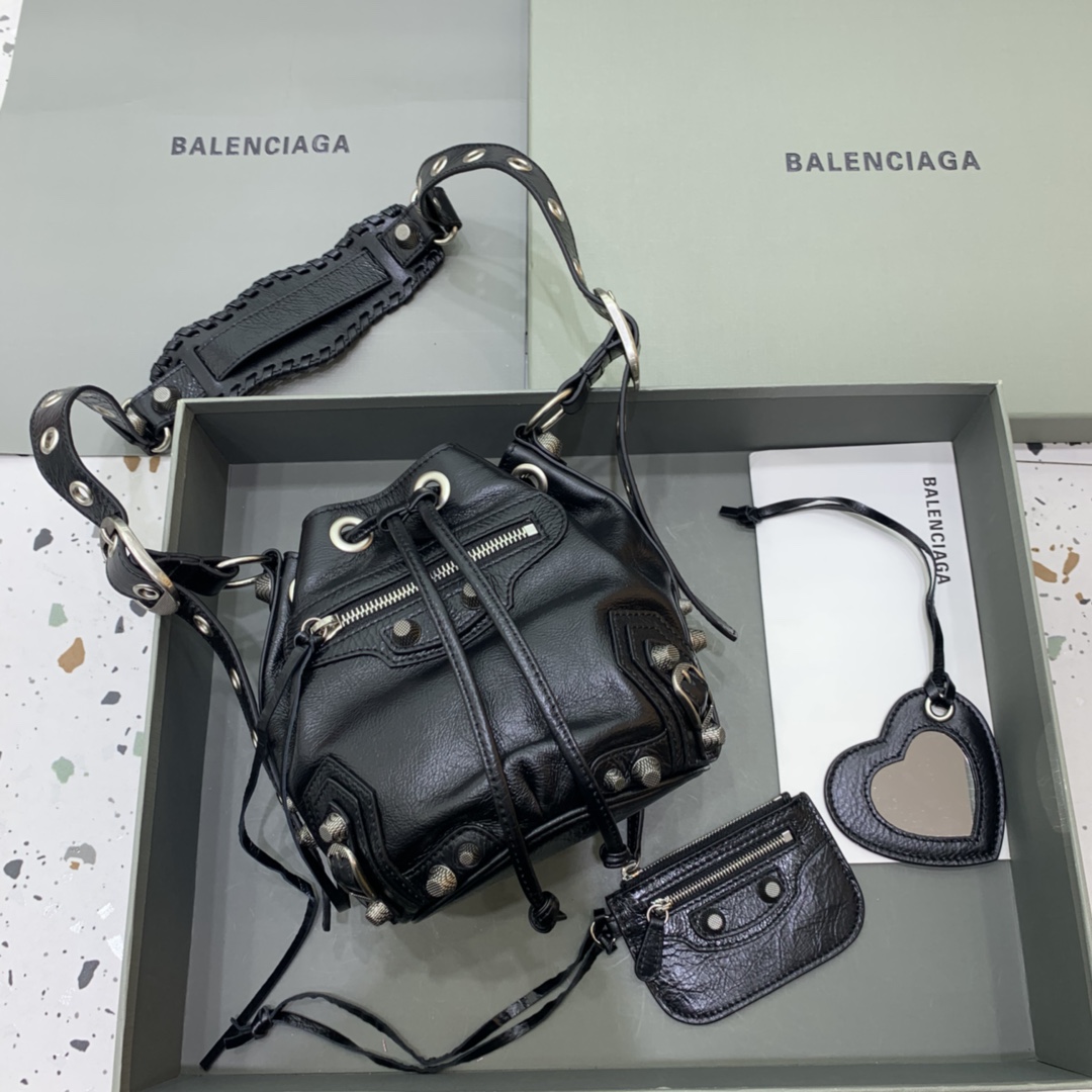 Balenciaga Le Cagole XS Bucket Bag In Black Arena Lambskin, Aged-Silver Hardware(15-19.8-17.8cm) - FashionPlug