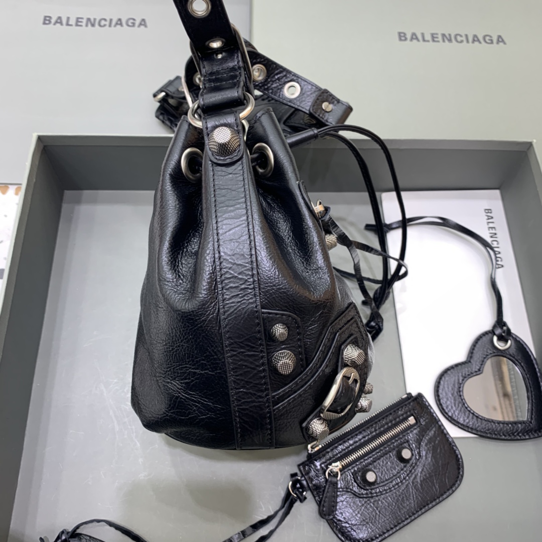 Balenciaga Le Cagole XS Bucket Bag In Black Arena Lambskin, Aged-Silver Hardware(15-19.8-17.8cm) - FashionPlug