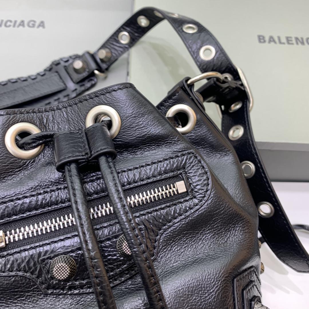 Balenciaga Le Cagole XS Bucket Bag In Black Arena Lambskin, Aged-Silver Hardware(15-19.8-17.8cm) - FashionPlug