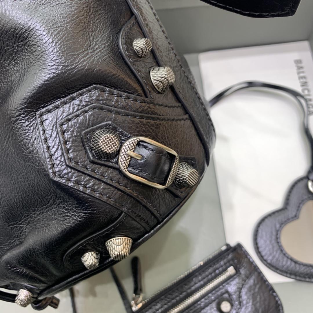 Balenciaga Le Cagole XS Bucket Bag In Black Arena Lambskin, Aged-Silver Hardware(15-19.8-17.8cm) - FashionPlug
