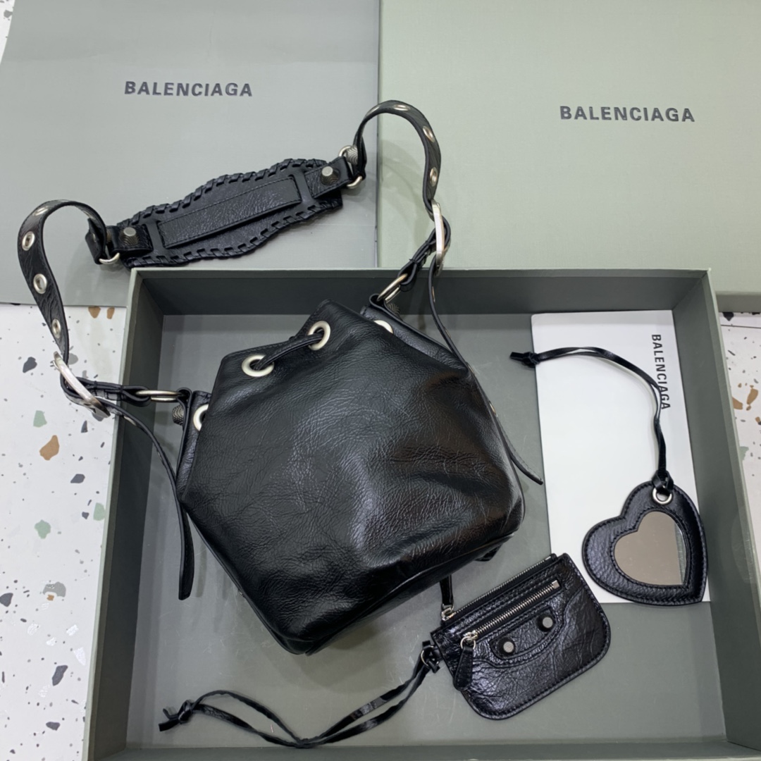 Balenciaga Le Cagole XS Bucket Bag In Black Arena Lambskin, Aged-Silver Hardware(15-19.8-17.8cm) - FashionPlug
