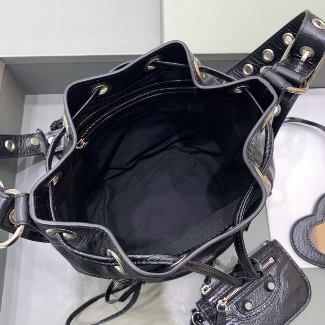 Balenciaga Le Cagole XS Bucket Bag In Black Arena Lambskin, Aged-Silver Hardware(15-19.8-17.8cm) - FashionPlug