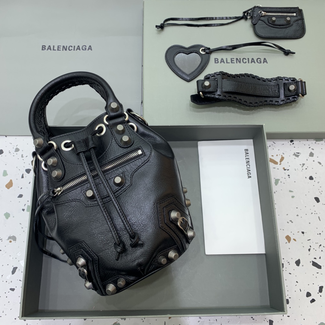 Balenciaga Le Cagole Small Bucket Bag In Black Arena Lambskin, Aged-Silver Hardware(30-22.9-17cm) - FashionPlug