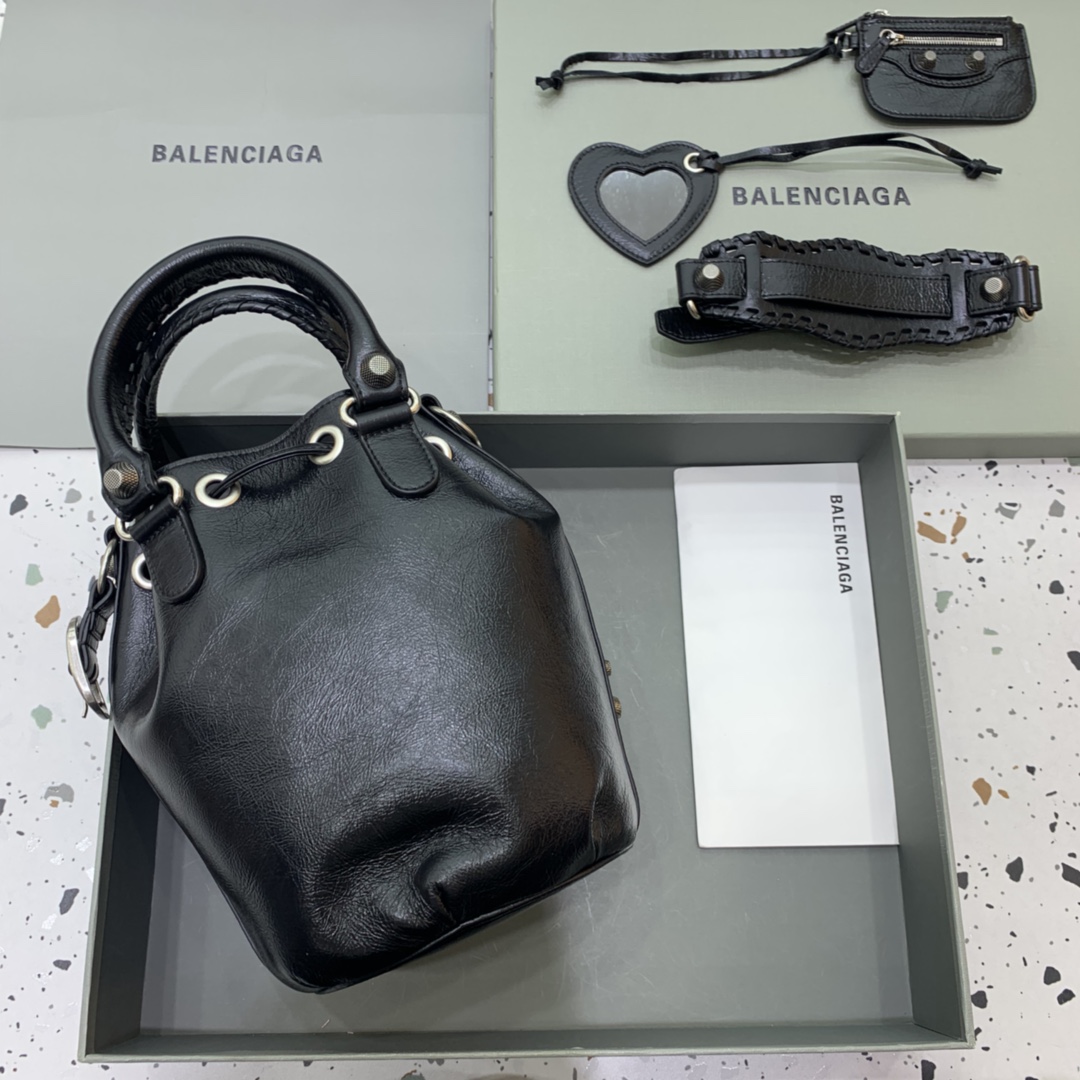 Balenciaga Le Cagole Small Bucket Bag In Black Arena Lambskin, Aged-Silver Hardware(30-22.9-17cm) - FashionPlug