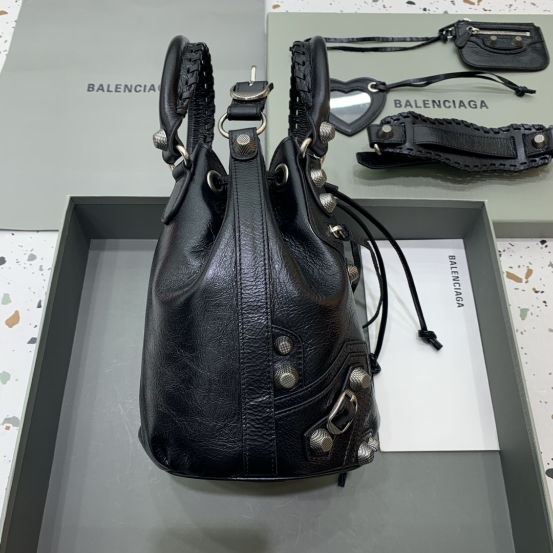Balenciaga Le Cagole Small Bucket Bag In Black Arena Lambskin, Aged-Silver Hardware(30-22.9-17cm) - FashionPlug