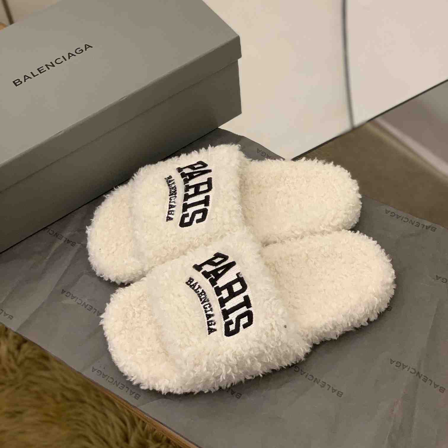 Balenciaga Cities Paris Furry Slide Sandal  - FashionPlug