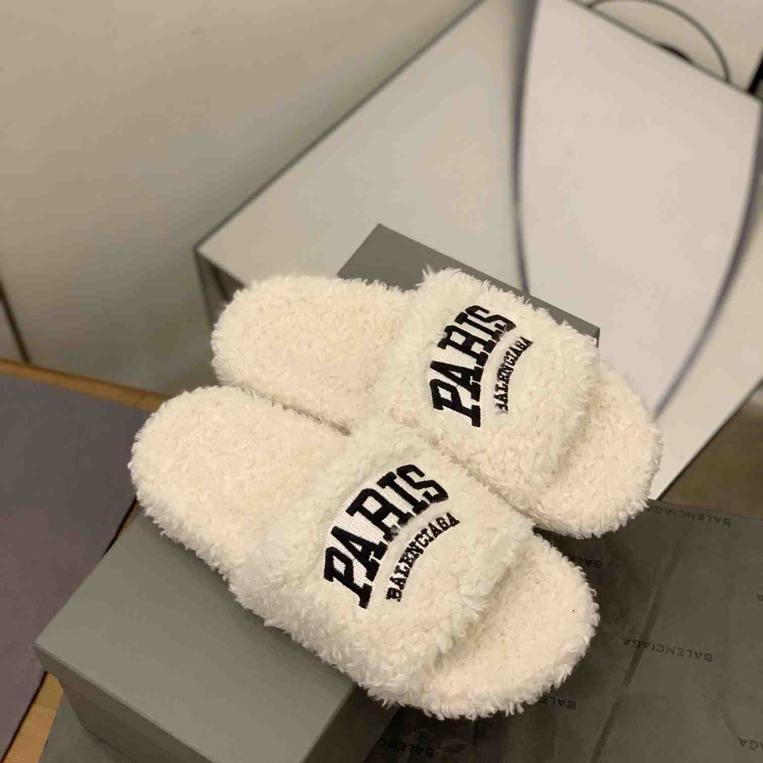 Balenciaga Cities Paris Furry Slide Sandal  - FashionPlug