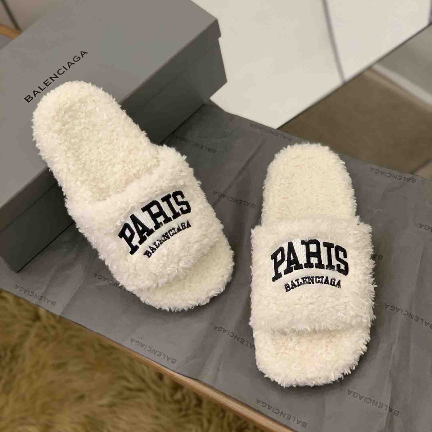 Balenciaga Cities Paris Furry Slide Sandal  - FashionPlug