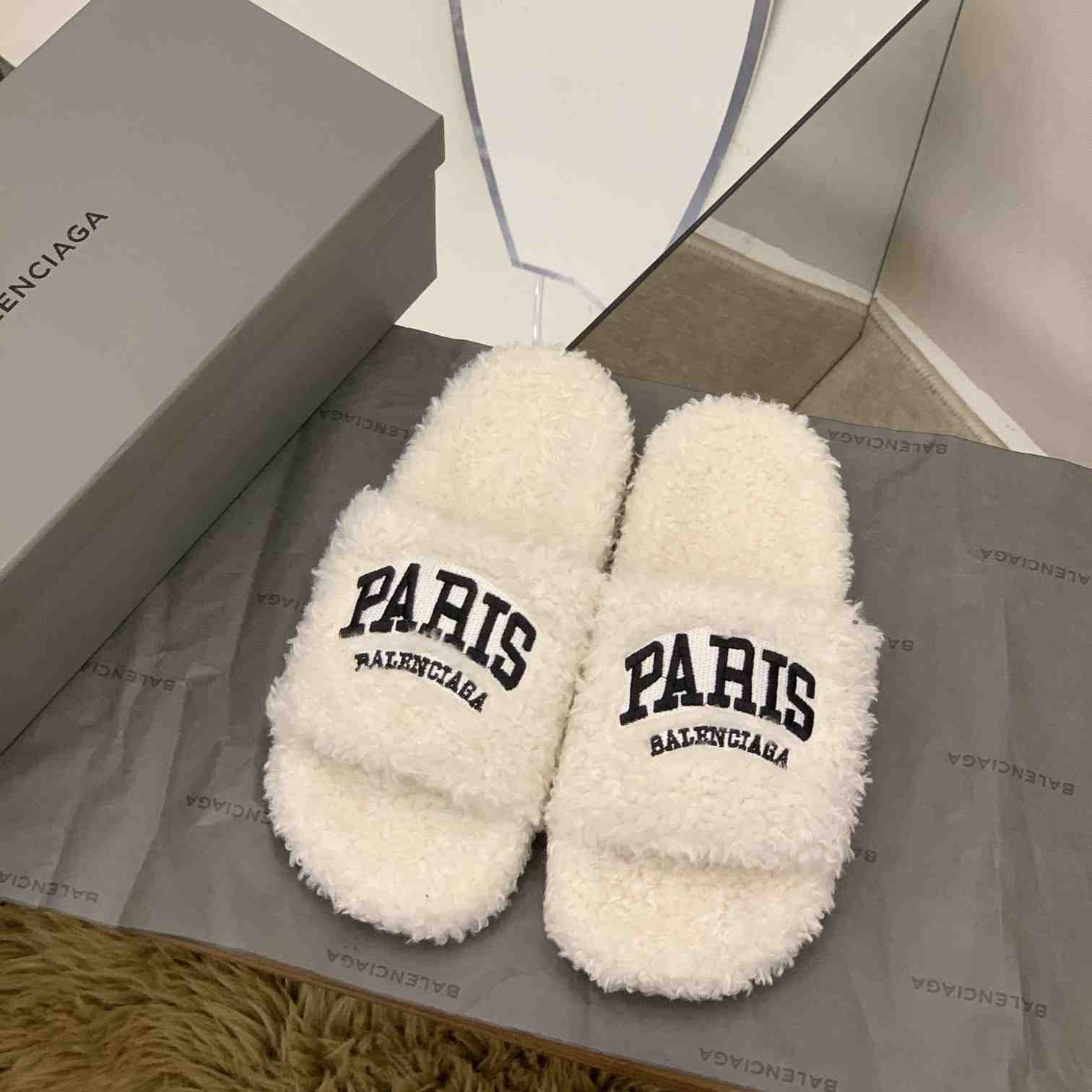 Balenciaga Cities Paris Furry Slide Sandal  - FashionPlug