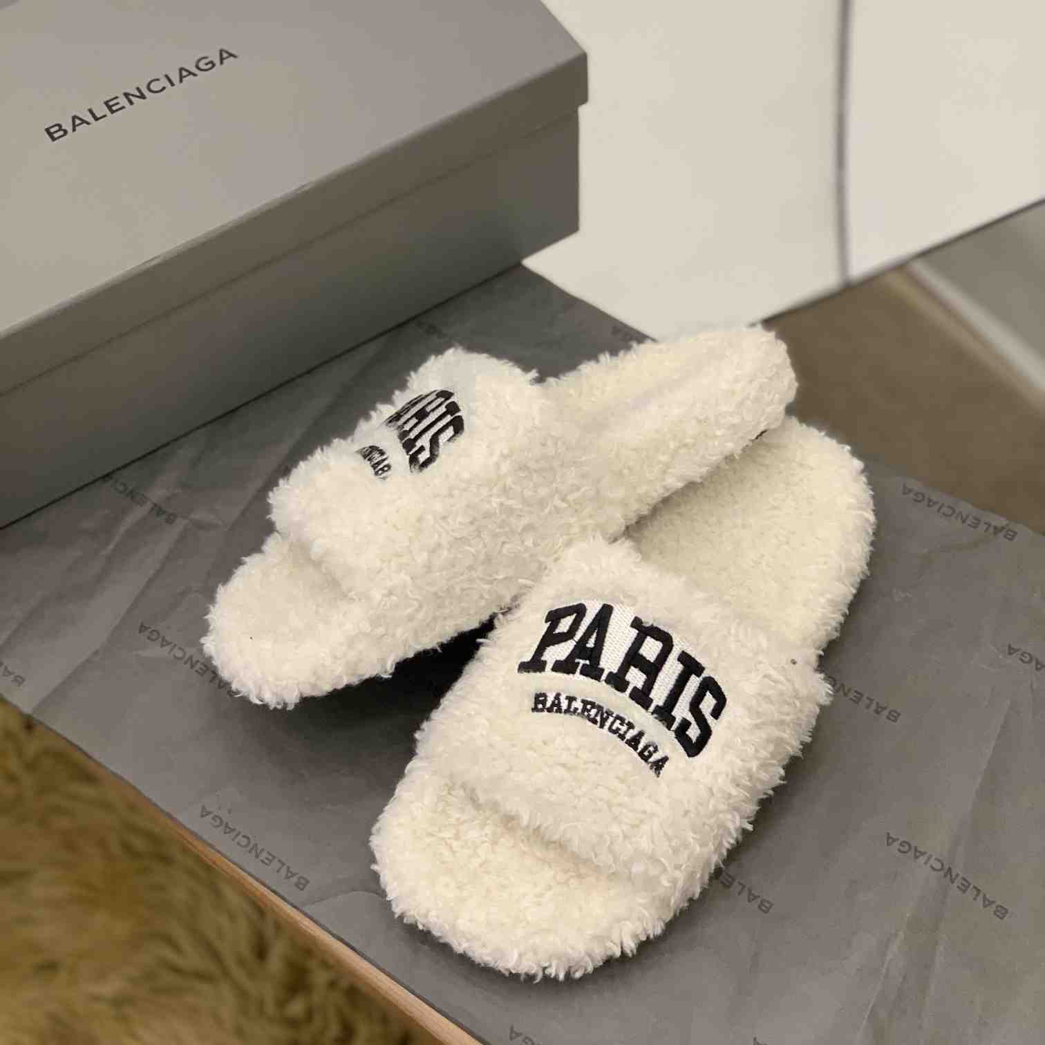 Balenciaga Cities Paris Furry Slide Sandal  - FashionPlug