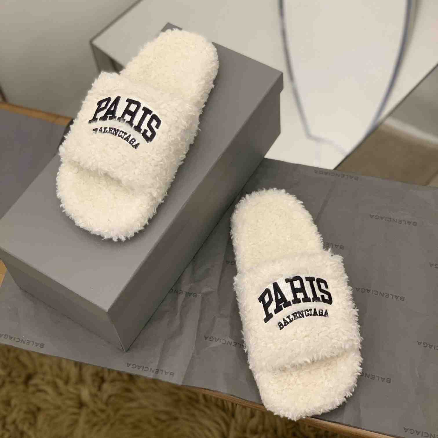 Balenciaga Cities Paris Furry Slide Sandal  - FashionPlug