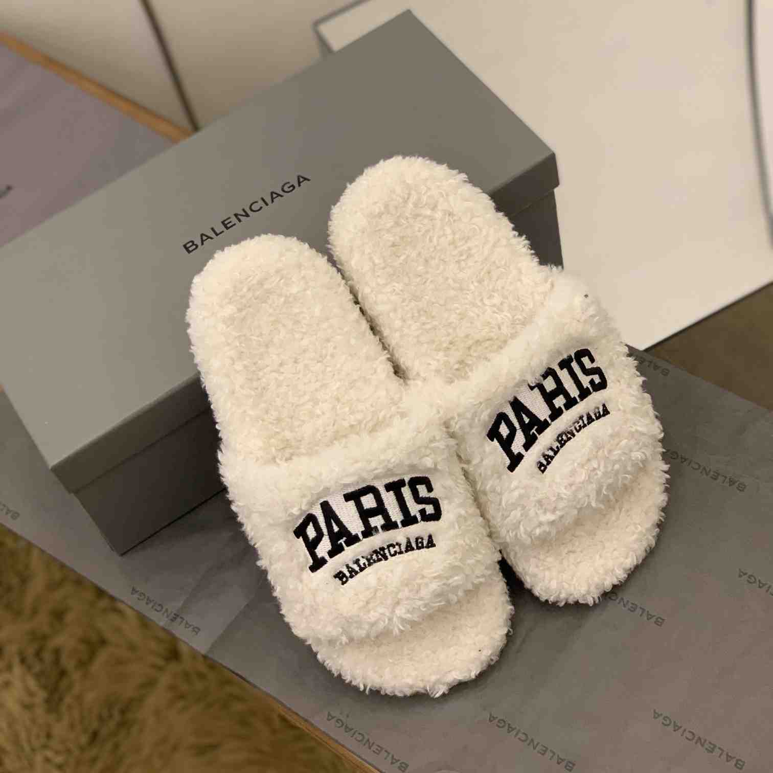 Balenciaga Cities Paris Furry Slide Sandal  - FashionPlug