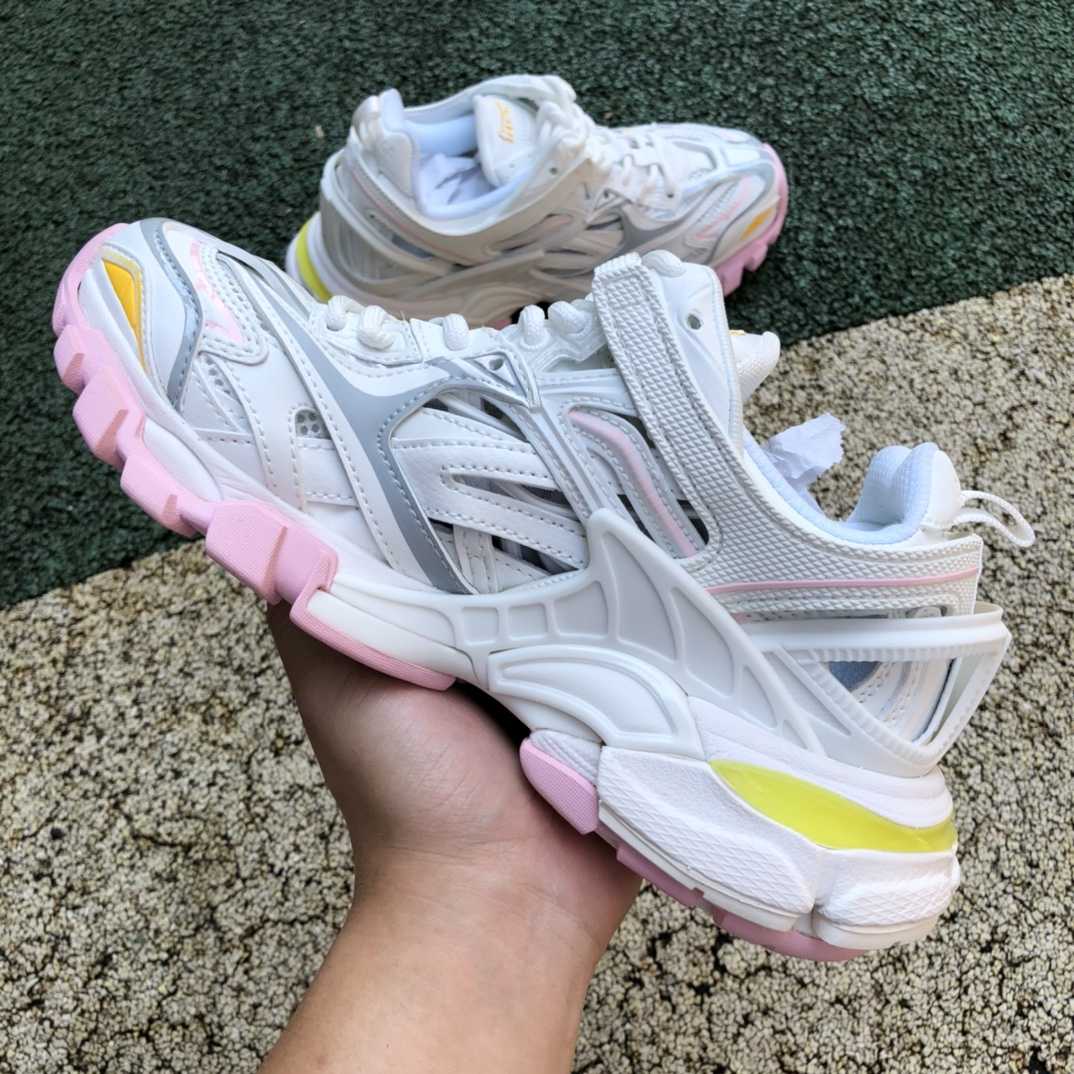 Balenciaga Track.2 Sneaker In White, Light Yellow, Light Pink And Light Blue Mesh And Nylon - FashionPlug