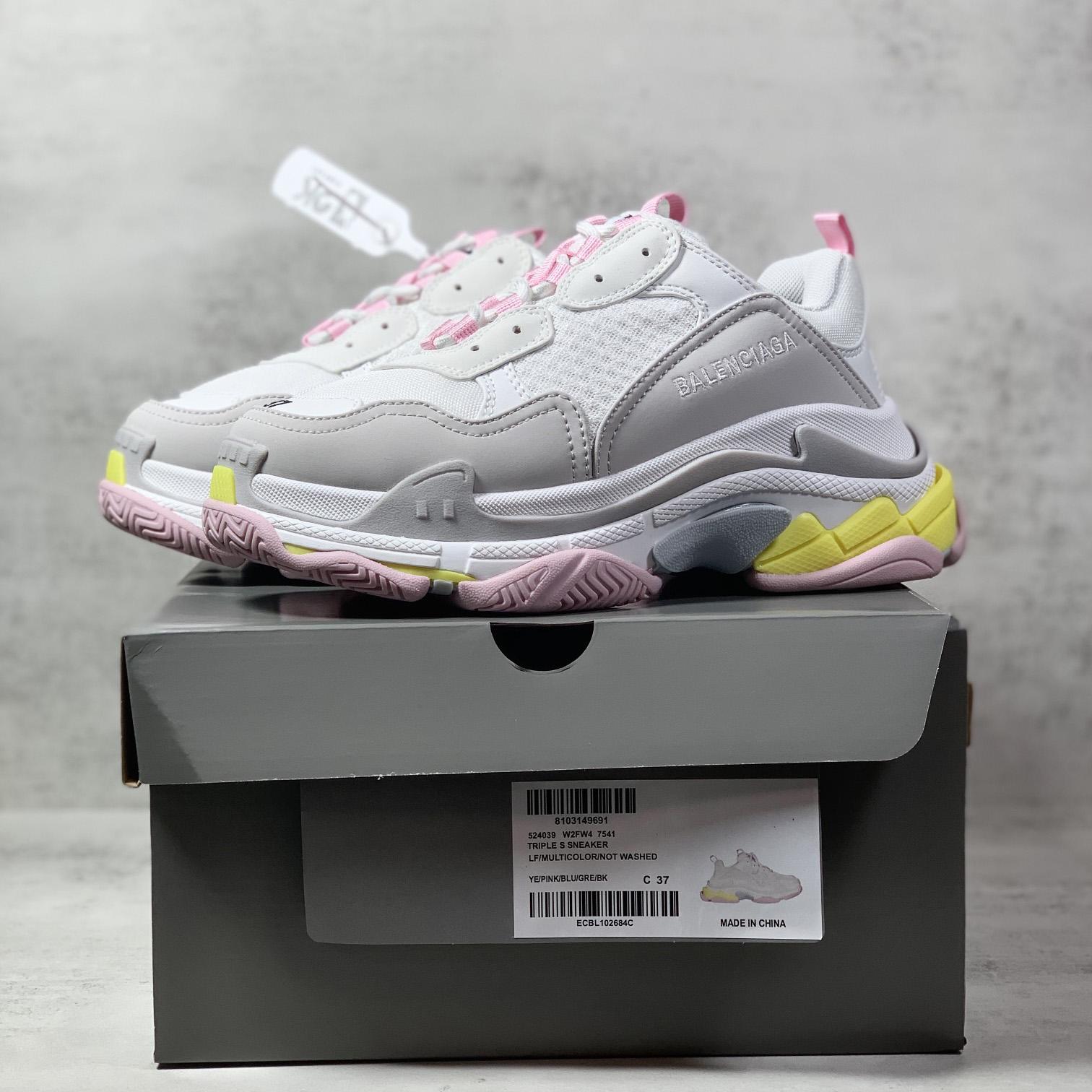 Balenciaga Triple S Sneaker In Grey, White, Light Yellow, Light Pink And Light Nlue Double Foam And Mesh - FashionPlug