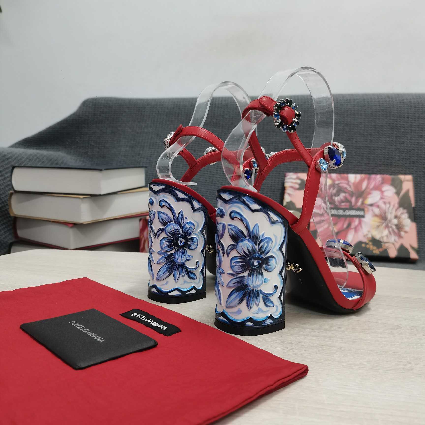 Dolce & Gabbana Patent Leather Sandals With Embroidery And Painted Heel - FashionPlug
