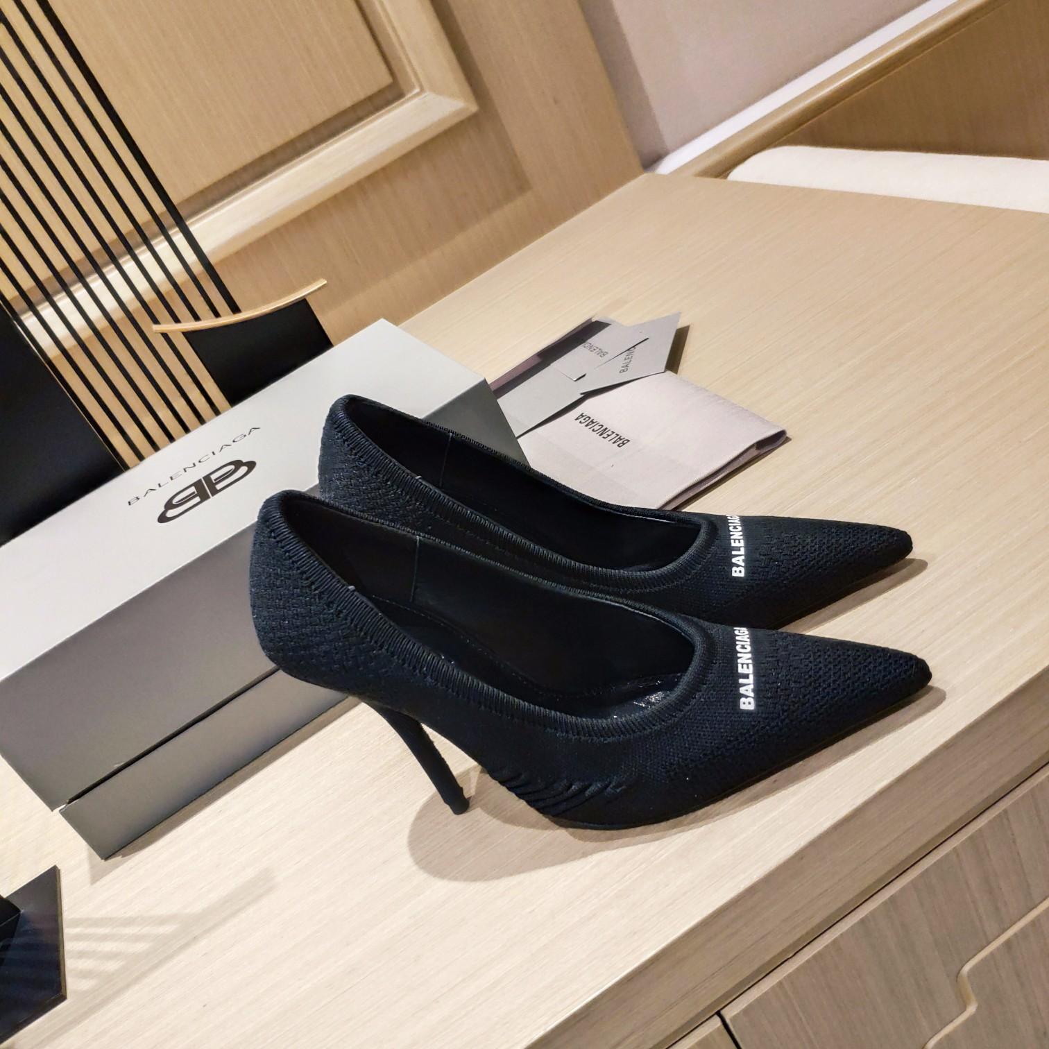 Balenciaga Knife 2.0 80mm Pump In Black And White Textured Recycled Knit - FashionPlug