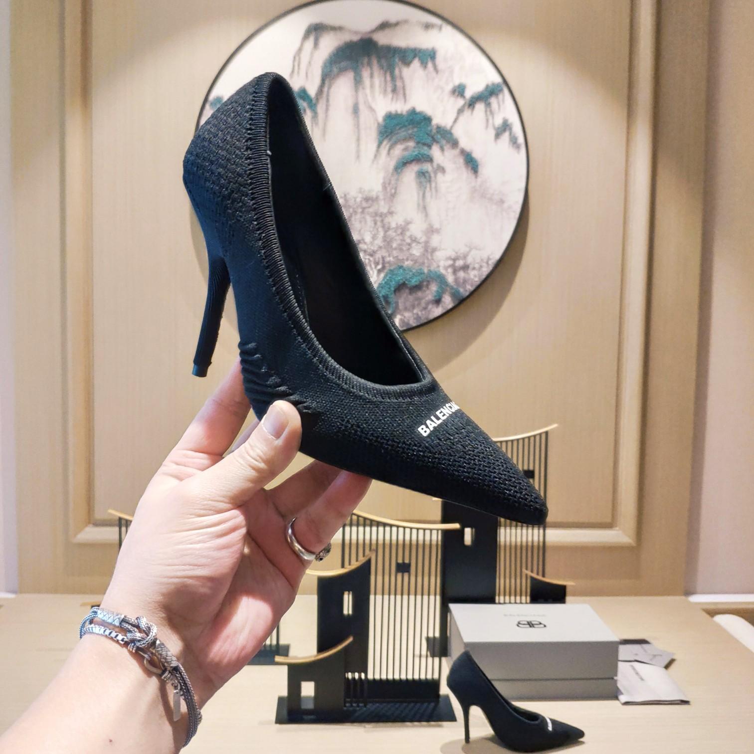 Balenciaga Knife 2.0 80mm Pump In Black And White Textured Recycled Knit - FashionPlug