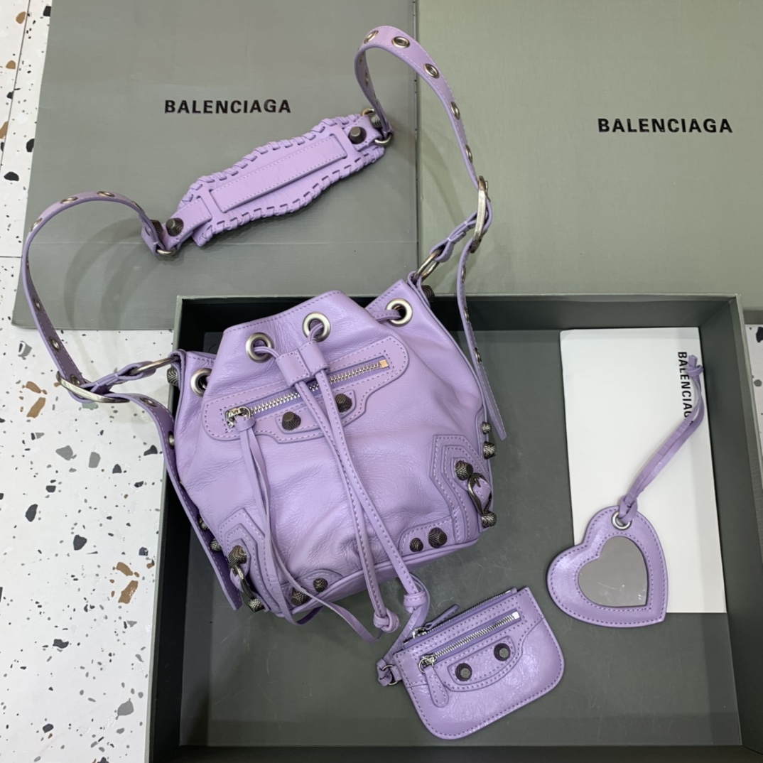 Balenciaga Le Cagole XS Bucket Bag In Light Purple Arena Lambskin, Aged-Silver Hardware(15-19.8-17.8cm) - FashionPlug